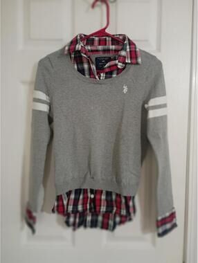 U.S. Polo Assn. Women's Layered Sweater with Plaid Shirt Detail, Size M